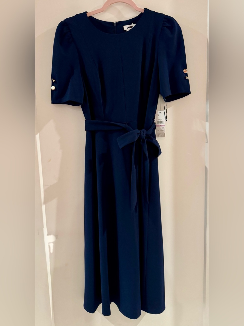 DKNY Navy Short-Sleeve Belted Midi Dress